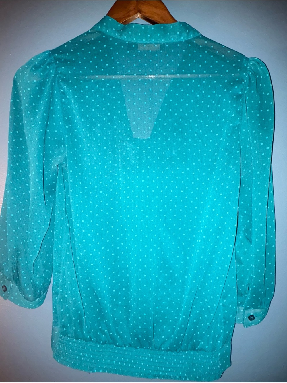 The Limited Teal Polka Dot Tie Neck Blouse XS | Sheer 3/4 Sleeve - Picture 7 of 8